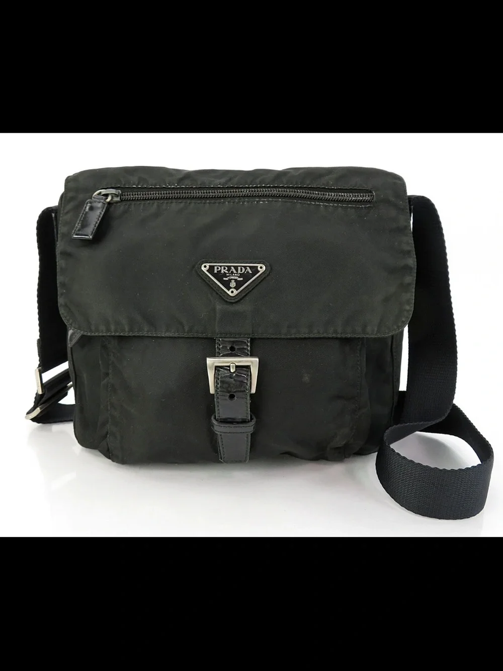 Prada Black Nylon Messenger Bag with Front Buckle